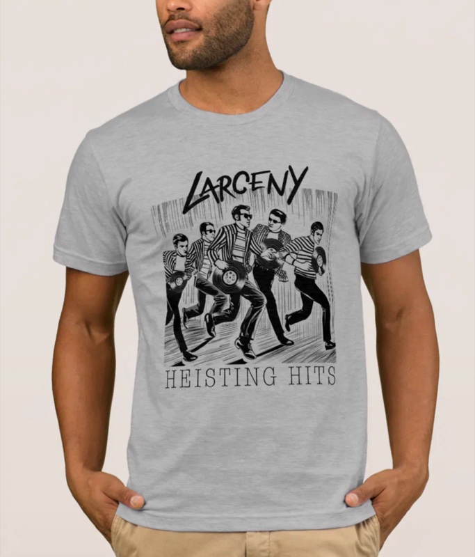 Grey Larceny t-shirt with retro Heisting Hits design